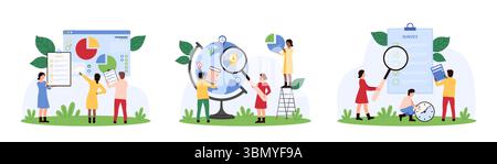 Sociologia risultati globali ricerca e confronto statistiche. I piccoli sociologi guardano attraverso la lente d'ingrandimento all'elenco dei report del sondaggio, globo con illustrazione vettoriale dei cartoni animati sulla diversità delle persone Illustrazione Vettoriale