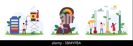 Set di gestione del livello di sollecitazione. Le persone più piccole ricaricano la batteria con il caffè, tira la freccia sul quadrante del tachimetro per ridurre la tensione, monitorare l'umore e la motivazione utilizzando i termometri illustrazioni dei vettori dei cartoni animati Illustrazione Vettoriale