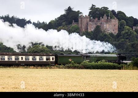 Dunster, Regno Unito. 29 giugno 2025. L'iconica locomotiva a vapore Flying Scotsman è raffigurata nella campagna del Somerset con il magnifico castello di Dunster sullo sfondo. La Flying Scotsman è una locomotiva LNER A3 4472 Pacific ed è stata costruita nel 1923 ed è stata la prima locomotiva a raggiungere ufficialmente i 100 km/h. Il treno è attivo sulla West Somerset Railway tra Vescovi Lydeard e Minehead, con corse fino al 12 luglio 2025. La West Somerset Railway è la ferrovia storica più lunga d'Inghilterra, che si estende per 32 km circa e offre ai passeggeri una vista magnifica attraverso Somerset. Credito: Mark Foto Stock