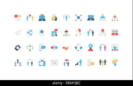 Una serie diversificata di icone piatte che illustrano vari metodi e concetti di comunicazione, tra cui interazioni digitali, interpersonali e virtuali, progettate in un'illustrazione vettoriale di stile minimalista Illustrazione Vettoriale