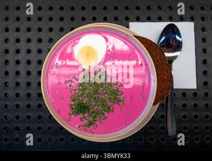 Zuppa fredda chiamata borscht, zuppa di barbabietole estive, cipolla verde e uovo bollito Foto Stock