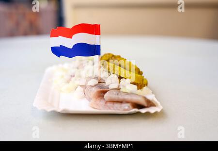 Aringhe, sottaceti e cipolla decorate con la bandiera dei Paesi Bassi come popolare cibo di strada ad Amsterdam Foto Stock