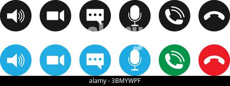 Set icone di comunicazione: Pulsanti voce, Video, Chat e chiamata per le applicazioni di messaggistica Illustrazione Vettoriale