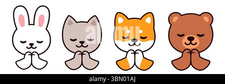 Carini animali cartoni animati che pregano. Coniglio, gatto, cane e orso con zampe piegate in preghiera. Semplice disegno di caratteri kawaii, set di illustrazioni vettoriali. Illustrazione Vettoriale