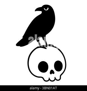 Semplice corvo cartoni animati stilizzato in piedi su un teschio. Disegno, logo o stampa di silhouette in bianco e nero. Illustrazione della clipart vettoriale. Illustrazione Vettoriale