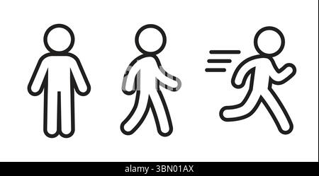 Semplice icona umana a forma di bastone: Stare in piedi, camminare e correre. Simbolo del contorno nero, set di illustrazioni vettoriali. Illustrazione Vettoriale