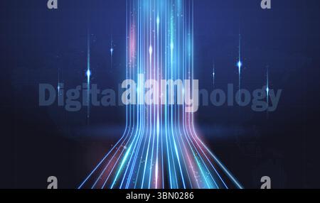 Striature luminose, fibra ottica, linea ad alta velocità su sfondo blu scuro. Illustrazione Vettoriale