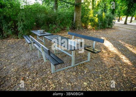 Tavoli da picnic con posacenere e panchine in un ambiente illuminato dal sole del Kildeparken Park, Aalborg, Danimarca, 16 luglio 2018 Foto Stock