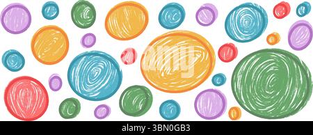 Tondo e circolare forma pastello con set di tratti. Elementi colorati in gesso per bambini. Fantasia disegnata a mano a pois per l'asilo. Ellisse vettoriale fatta a mano Illustrazione Vettoriale