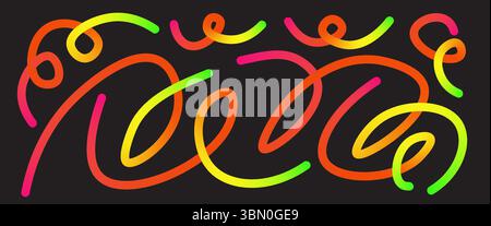 Set di linee a colori caldi. Forma ondulata rossa e gialla. Spirali morbide in gradiente. Fluidi lunghi curvi su sfondo nero Vector rainbow Swirls. MU Illustrazione Vettoriale