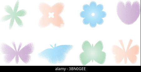 Set di farfalle color pastello con sfumature di rumore e fiori. Forme floreali Y2K. Icone grintose di farfalla, tulipani e margherite sulla schiena bianca Illustrazione Vettoriale