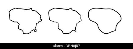 Il profilo nero del paese lituano presenta tre diversi livelli di levigatezza. Mappe semplificate. Icone vettoriali isolate su sfondo bianco. Illustrazione Vettoriale