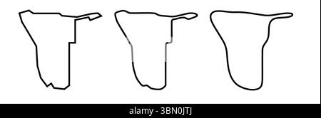Silhouette Namibia Country Black in tre diversi livelli di morbidezza. Mappe semplificate. Icone vettoriali isolate su sfondo bianco. Illustrazione Vettoriale