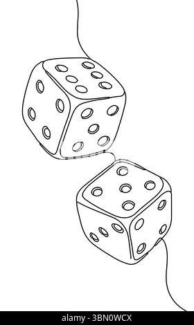 Due dadi per una linea. I cubi a linea continua rischiano di giocare d'arte. Giochi di casinò fortuna probabilità divertimento. Vettore sfondo bianco dallo stile minimalista Illustrazione Vettoriale