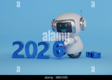 Anno 2026 in tre dimensioni con grazioso robot su sfondo blu. Concetto di anno nuovo. illustrazione 3d. Foto Stock
