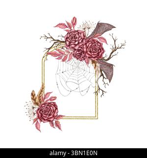 Illustrazione di rose di Borgogna, gemme e foglie rosa, ali di pipistrello, ragnatela e rami secchi ad acquerello. Design gotico con cornice geometrica dorata per ha Foto Stock