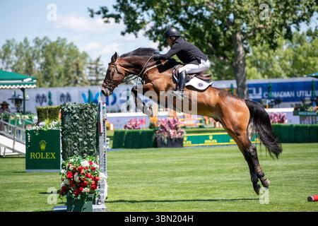 Calgary, Alberta, Canada, 29 giugno 2025. Will Simpson (USA) in sella a Imar - The Pan American, Spruce Meadows Masters, - AON Grand Prix - crediti: Peter Llewellyn/Alamy Live News Foto Stock