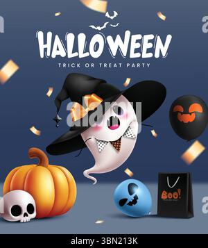 Poster di Halloween Trick or Treat Invitation Card. Clip art modello di biglietto d'invito di Halloween con un fantasma che indossa un cappello da strega, un palloncino, una zucca Illustrazione Vettoriale