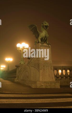 Lubiana, Slovenia - 16 gennaio 2022: Drago alla fine del Ponte del Drago in una notte nebbiosa a Lubiana, Slovenia. Foto Stock