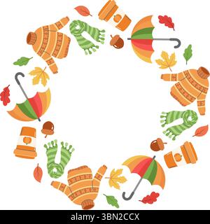 Un'accogliente cornice autunnale con ombrello, sciarpa, maglione, caffè, foglie, perfetto per i progetti a tema autunnale e per i progetti stagionali Illustrazione Vettoriale