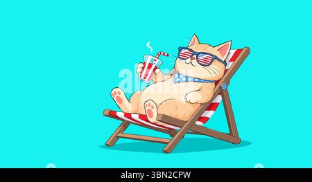 Rilassato gatto dei cartoni animati che indossa occhiali da sole con bandiera americana e bandana si gode un drink su una sedia da spiaggia Illustrazione Vettoriale