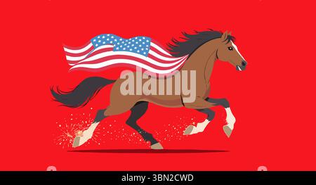 Maestoso cavallo bruno con criniera e coda drappeggiati da una bandiera americana che corre con scintille e coriandoli Illustrazione Vettoriale