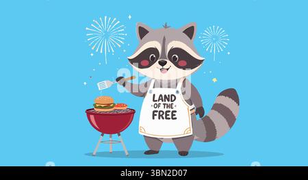 Simpatico procione che indossa un grembiule con le parole Land of the free Grill Burger e hot dog con fuochi d'artificio sullo sfondo Illustrazione Vettoriale