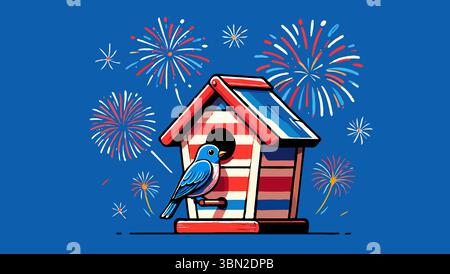 Affascinante uccello blu arroccato su una casa per uccelli patriottica a righe rosse bianche e blu con fuochi d'artificio Illustrazione Vettoriale