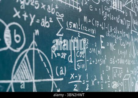 Vista ravvicinata di una lavagna coperta di equazioni matematiche, grafici e formule scientifiche. Perfetto per contenuti su educazione, scienza, acad Foto Stock