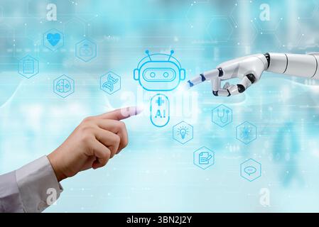 L'intelligenza artificiale unisce il tocco umano alla medicina. Robotica e assistenza sanitaria intelligente per la diagnostica futura.concetto di intelligenza artificiale medica. Tecnologia sanitaria, Foto Stock