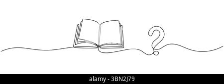 Aprire il libro e porre un punto interrogativo su un disegno a linea continua. Illustrazione vettoriale isolata su bianco. Traccia modificabile. Illustrazione Vettoriale