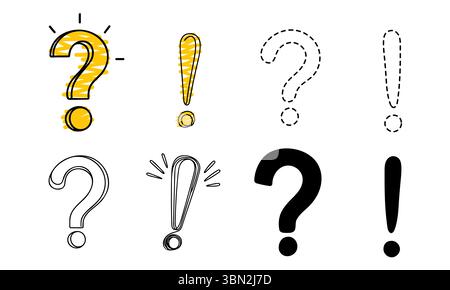 Serie di punti interrogativi e punti esclamativi dello schizzo disegnati a mano. Illustrazione vettoriale. Illustrazione Vettoriale