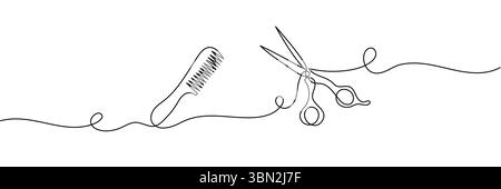 Illustrazione vettoriale a forbice e pettine continuo di una linea, set di forbici e pettine illustrazione vettoriale di un disegno continuo di una linea. Modificabili Illustrazione Vettoriale