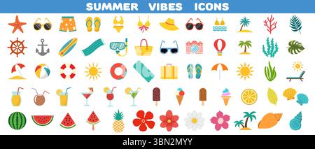 Semplice e simpatico set illustrativo di articoli estivi. Queste icone sono legate alle vacanze estive, al mare tropicale, alla spiaggia e ai viaggi Illustrazione Vettoriale