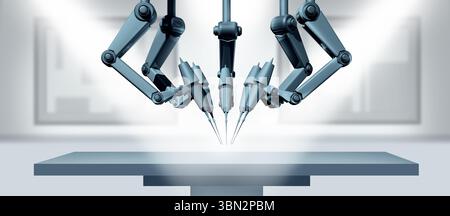 Robot chirurgici e funzionamento robot come concetto di chirurgia IA guidata da computer e robotica medica avanzata in una sala operatoria ospedaliera. Foto Stock
