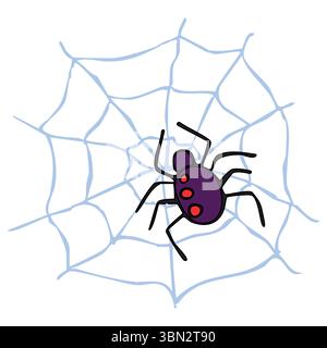 Un ragno disegnato a mano con macchie rosse su una rete leggera. Illustrazione Vettoriale