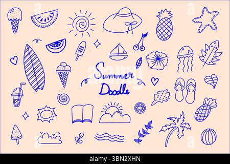 Set estivo isolato di doodle, elementi vettoriali moderni astratti, contorni estivi disegnati a mano e disegno a linee Illustrazione Vettoriale
