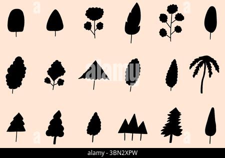 Collezione di sagome di alberi in varie forme e stili, alberi vettoriali neri per progetti di progettazione di natura, foreste, paesaggi e boschi Illustrazione Vettoriale