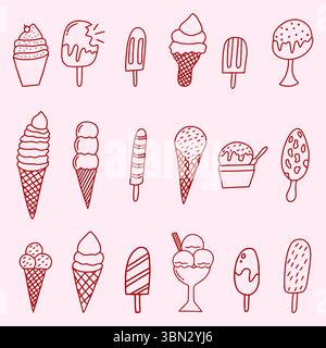 Set di icone di gelato disegnate a mano. Coni di gelato, papaveri, sundae. Raccolta di alimenti con gelato isolato Illustrazione Vettoriale