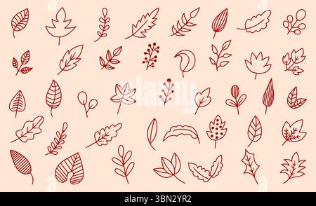 Collezione di foglie disegnate a mano in stile doodle, set di elementi decorativi delle foglie isolati, elementi di design con linea nera. Illustrazioni botaniche estive Illustrazione Vettoriale