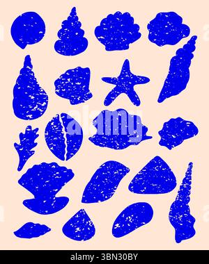 Set di conchiglie e stelle marine, collezione di conchiglie marine Crayon, conchiglie marine in gesso, vettore grunge blu Illustrazione Vettoriale