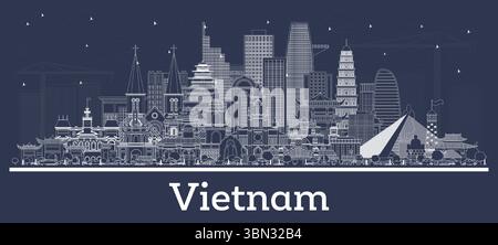 Delinea lo skyline di Vietnam City con edifici bianchi. Illustrazione vettoriale. Concetto turistico con architettura storica. Paesaggio urbano del Vietnam con monumenti storici. Illustrazione Vettoriale