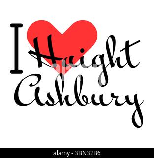Amo Haight-Ashbury San Francisco USA. Lettere disegnate a mano con cuore rosso. Illustrazione vettoriale, lettere in design moderno per t shirt, striscioni, Illustrazione Vettoriale