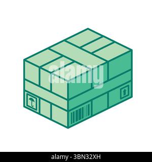 Confezione isometrica di cartone sigillata con nastro adesivo ed etichette di spedizione. Concetto di consegna, logistica e packaging e-commerce moderno. Illustrazione vettoriale Illustrazione Vettoriale
