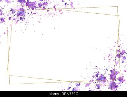 Cornice in oro con macchie viola acquerello sullo sfondo macchiato. Modello rettangolare per banner o scheda. Illustrazione isoisolata dipinta a mano. Lilla astratta Foto Stock