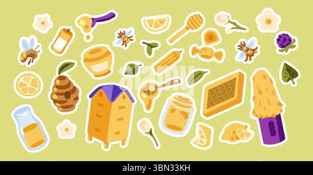 Elementi adesivi per l'apicoltura del miele. Set di apicoltura cartoni animati con barattoli di miele, alveari, api, favi da miele, fiori, e fette di limone. Forma piatta disegnata a mano, Illustrazione Vettoriale