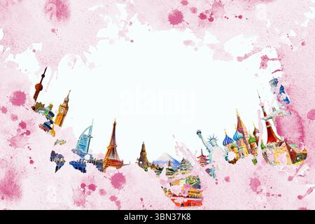 Viaggia nel mondo dei monumenti storici con la cornice a spruzzi di colore. Monumenti architettonici del mondo, panorama turistico per poster di viaggio e cartolina. Wat Foto Stock