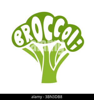 Illustrazione vettoriale minima di broccoli con scritta artistica all'interno. Semplice forma vegetale, sfondo bianco pulito. Concetto di alimentazione sana con tipografia disegnata a mano e design organico. Illustrazione Vettoriale