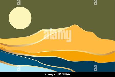 Colore piatto minimalista montano con design artistico Golden Line Illustrazione Vettoriale