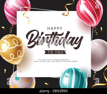 Buon compleanno Clipart Design con palloncini lucidi, Confetti dorati e testo di saluto per buon compleanno. Illustrazione Vettoriale